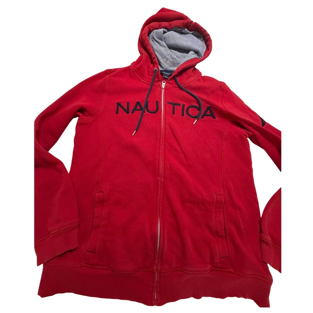 Nautica Mens Full Zip Hoodie Red Embroidered Logo Fleece Sweatshirt Large